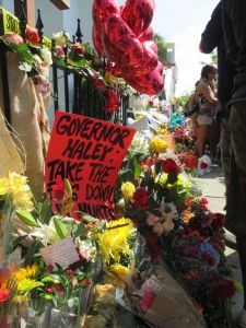 Part of the memorial for the victims of the shooting located directly outside of the church